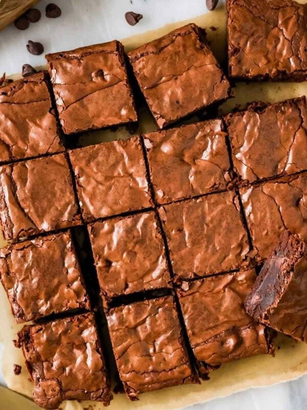 Overhead of shiny, crackly fudgy homemade brownies from scratch