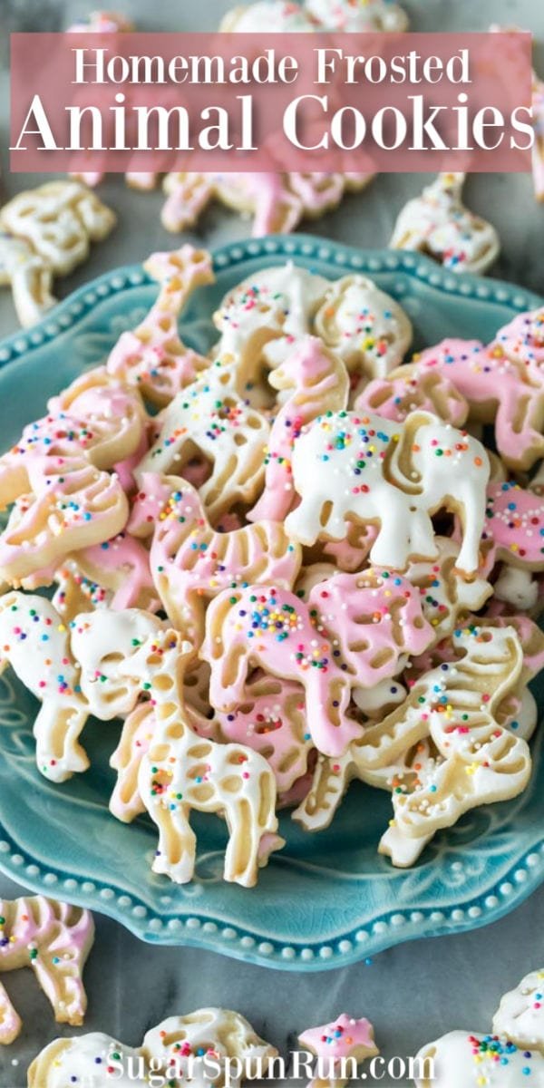 Frosted animal cookies on blue plate