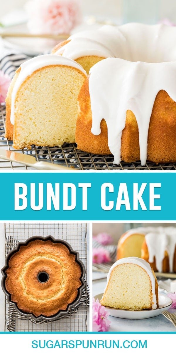 collage of bundt cake on the top, whole baked cake in bottom left and slice of cake on the bottom right