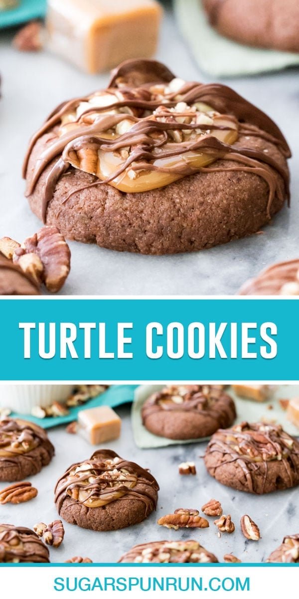 collage of turtle cookies, top image of single cookie, bottom image of multiple cookies on cutting board with pecans