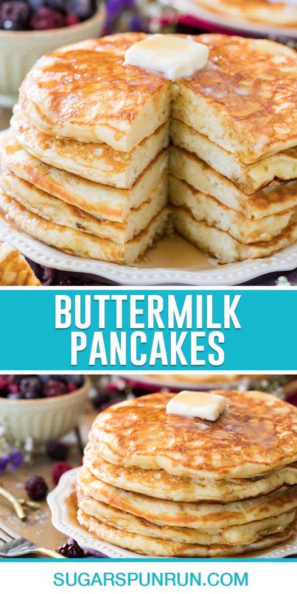 collage of buttermilk pancakes, top image is of a full stack cut into, bottom image same stack, not cut into