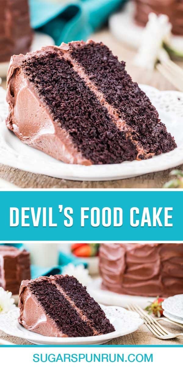 collage of devils food cake, top image of single slice, bottom image of slice with whole cake behind it