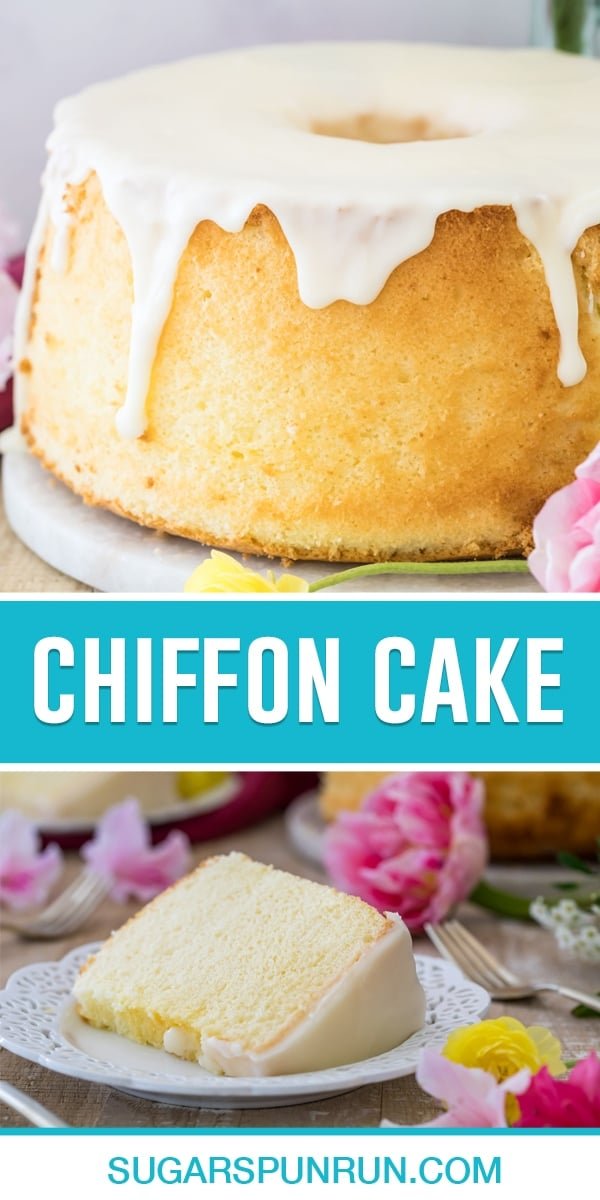 collage of chiffon cake, top image is of full cake with icing dripping off top, bottom image of single slice on white plate