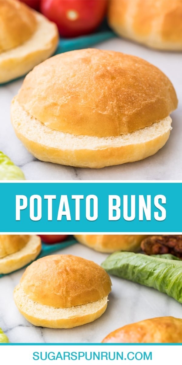 collage of potato buns, top image close up of bun sliced, bottom image of same bun of marble slab