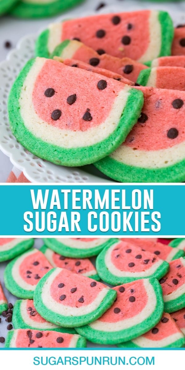 collage of watermelon sugar cookies, top image of multiple cookies on white plate, bottom image of multiple cookies spread out