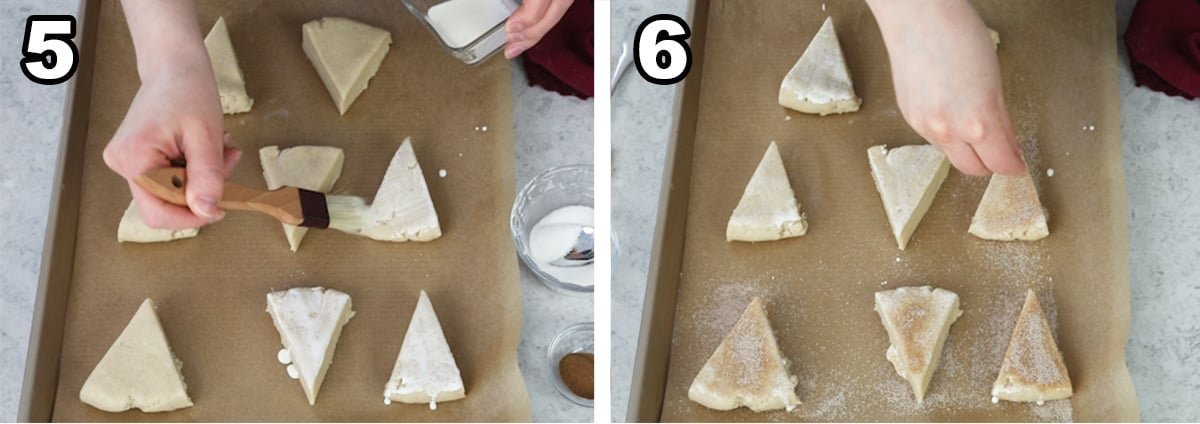 Collage of 2 photos showing unbaked snickerdoodle scones being brushed with cream and sprinkled with cinnamon sugar