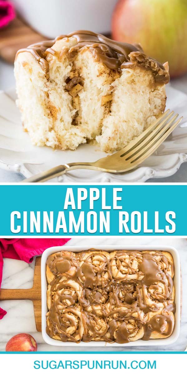 collage of apple cinnamon rolls, top image is close up of inside of single roll on white plate, bottom image of rolls in white baking dish
