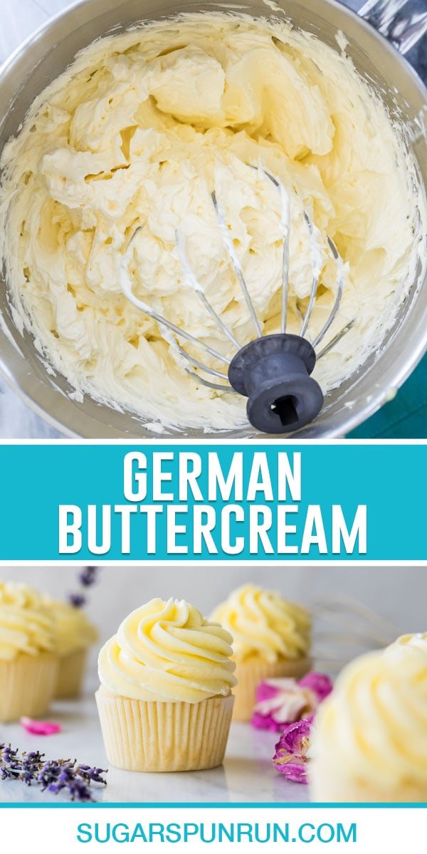 collage of german buttercream, top image of frosting in mixing bowl, bottom image of frosting applied on top of cupcake