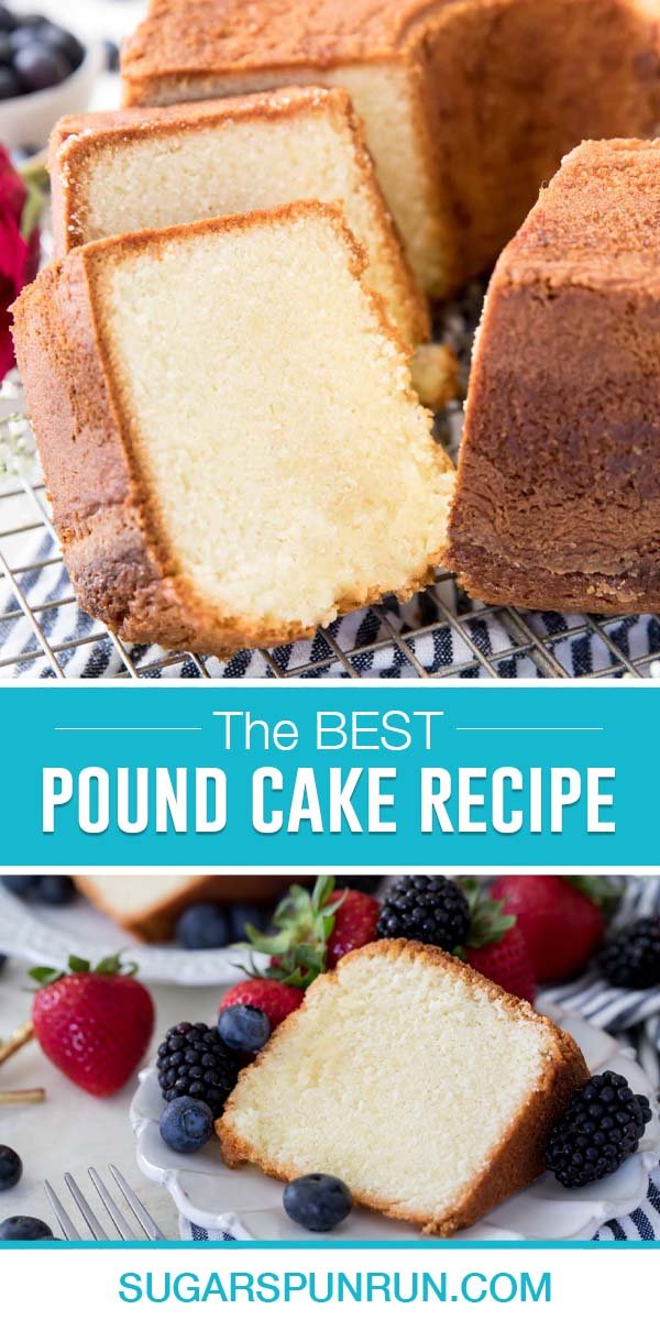 collage of pound cake, top image of full cake sliced, bottom image of single slice with berries on white plate