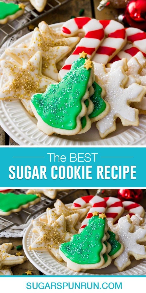 collage of easy sugar cookies, top image close up of cut-out cookies decorated on white plate, bottom image same as top further away