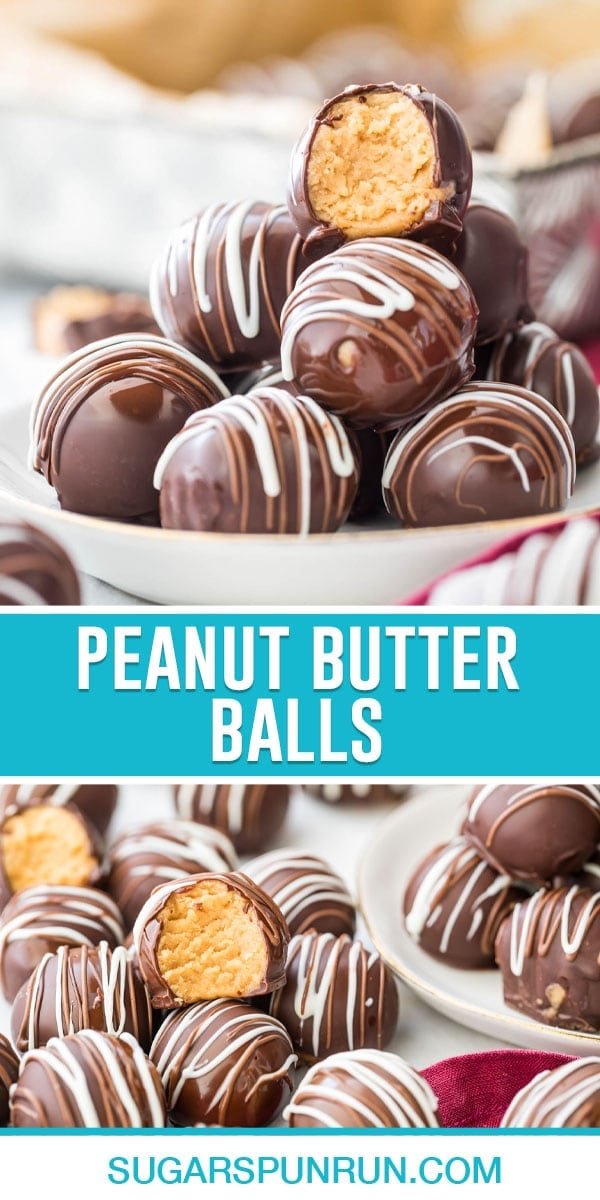 collage of peanut butter balls, top image of them stacked in bowl with a bite taken out of one, bottom image of them spread out