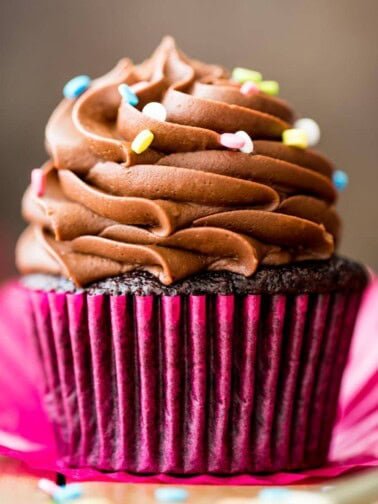 head-on view of a chocolate cupcake in a hot pink cupcake wrapper topped with piped chocolate frosting and rainbow sprinkles