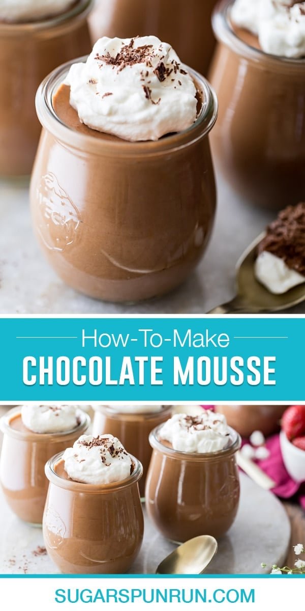 collage of chocolate mouse, top image of close up of mouse in jar, bottom image of multiple on serving platter with spoon