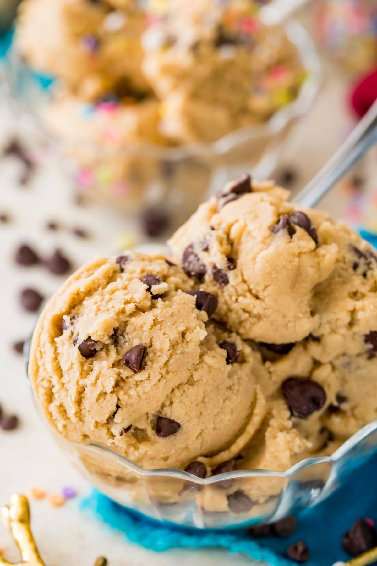 clear bowl full of scoops made from my edible cookie dough recipe