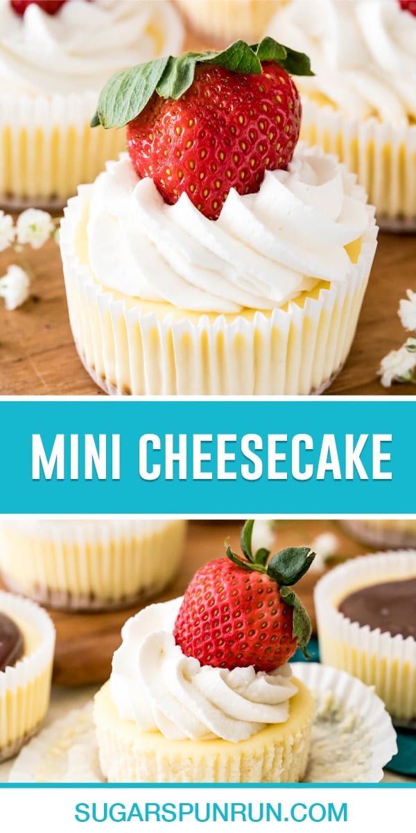 collage of mini cheesecake, top image close up with strawberry on top, bottom image of wrapper taken off.