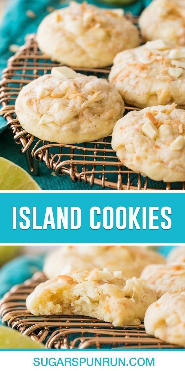 collage of island cookies, top image of multiple on gold server, bottom image of close up of cookie with bite taken out