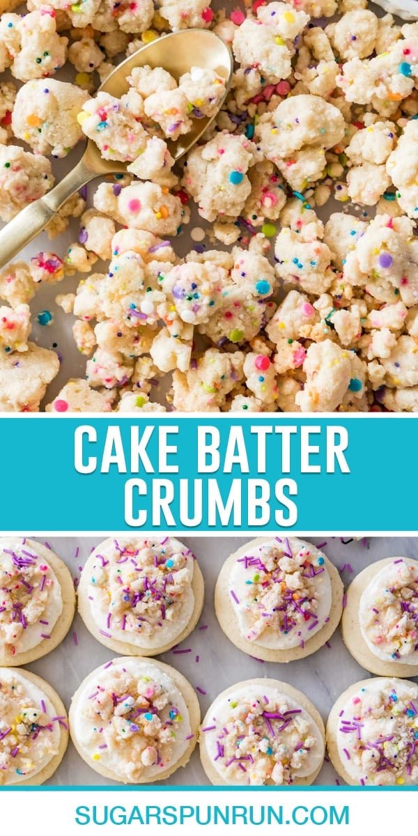 collage of cake batter crumbs, top image close up of crumbs with gold spoon, bottom image of crumbs on top of cookies nicely spaced on marble slab