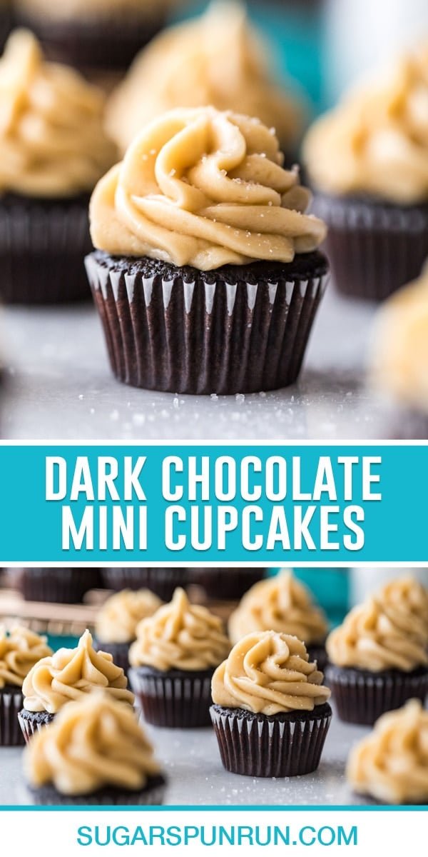 collage of dark chocolate mini cupcakes, top image of single cupcake close up, bottom image of cupcakes spread out neatly