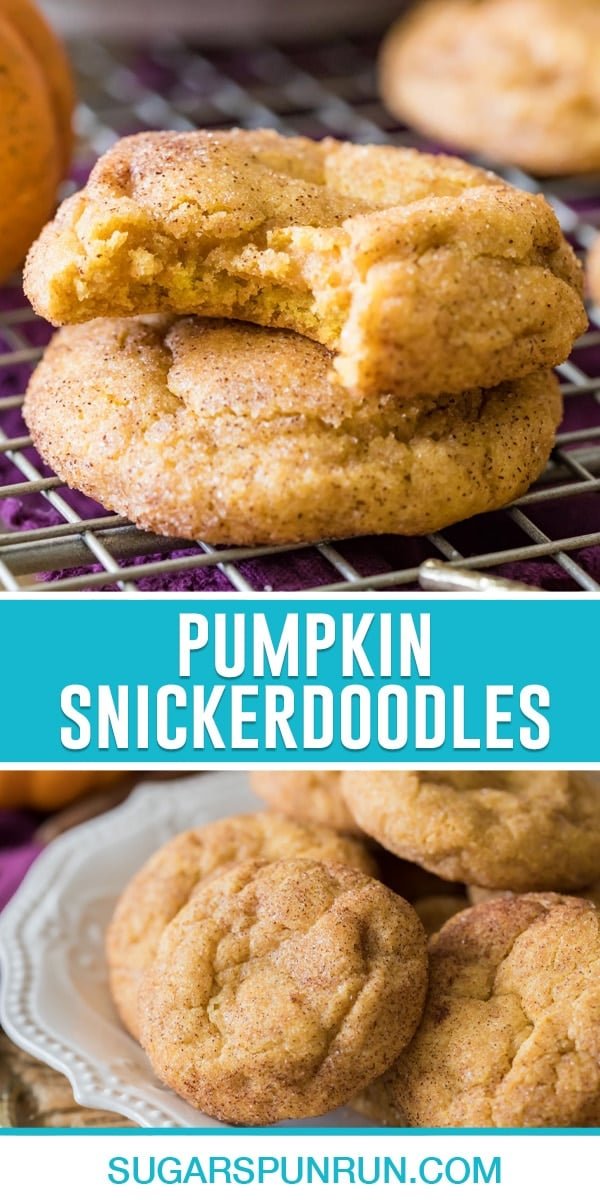 collage of pumpkin snickerdoodles, top image is of two cookies stacked, top cookie bite taken out. Bottom image is multiple cookies in white bowl