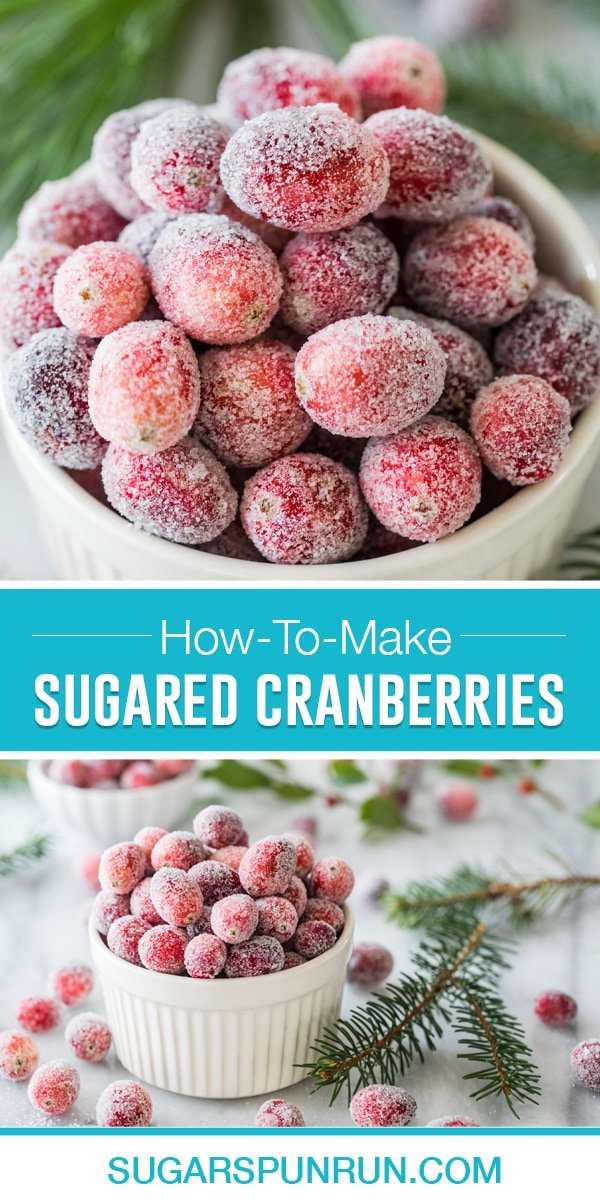 collage of sugared cranberries, top image of multiple cranberries in bowl close up, bottom image image of same bowl taken further away