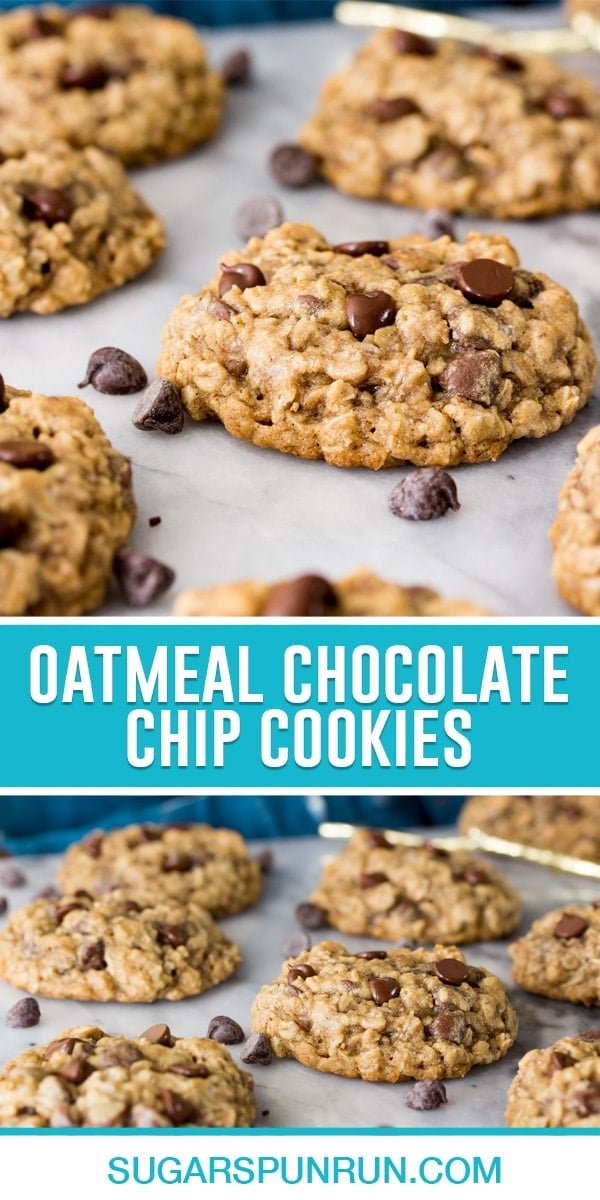collage of oatmeal chocolate chip cookies, top image of cookies on baking pan cooling, bottom image same photographed further away