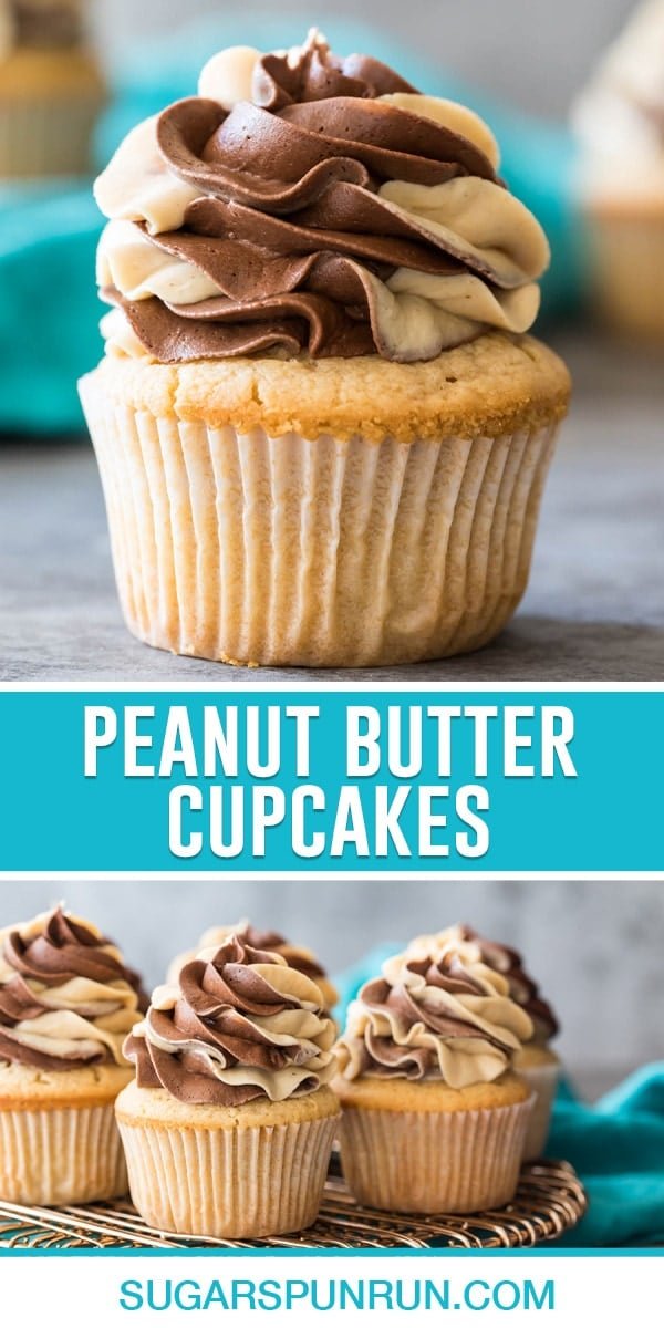 collage of peanut butter cupcakes, top image is a close up of single cupcake, bottom image of multiple of gold wire serving tray