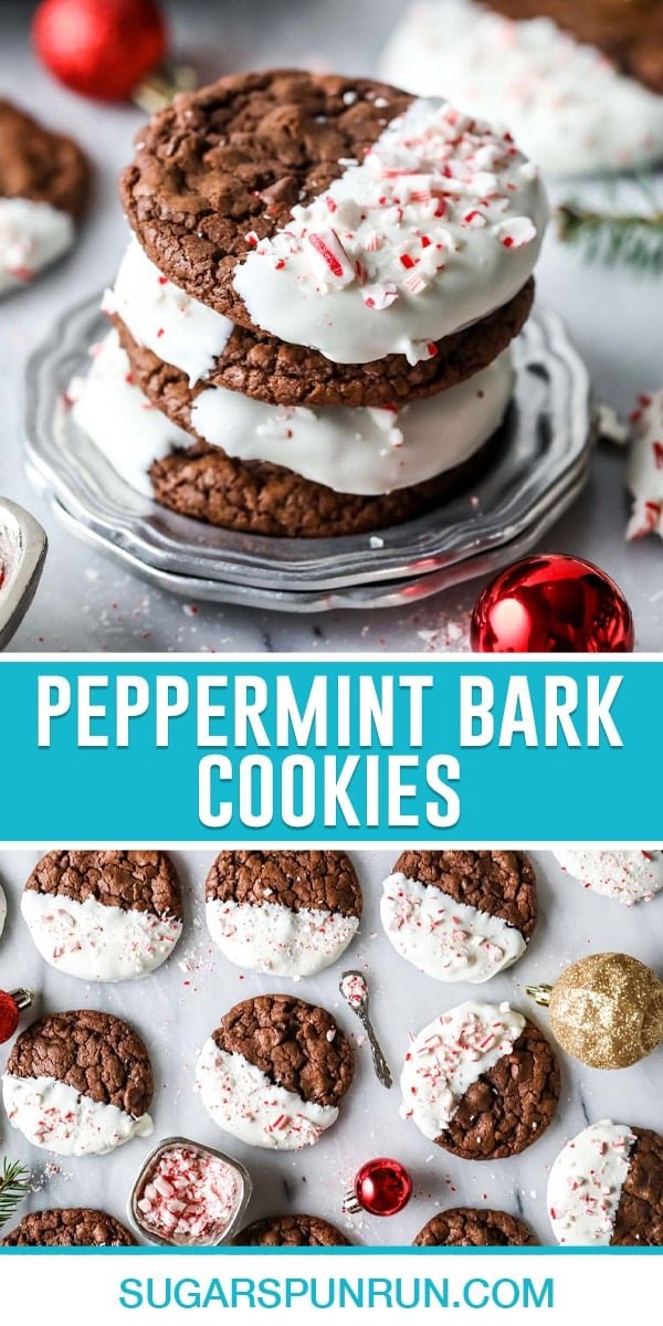 collage of peppermint bark cookies, top image of four cookies stacked, bottom image of cookies on marble slab nicely spread out