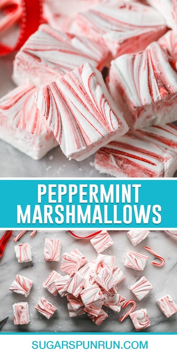 collage of peppermint marshmallows, top image is a close up of marshmallows sliced into squares, bottom image of marshmallows photographed from above