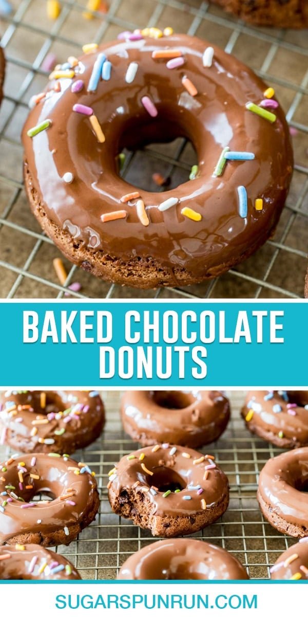 collage of baked chocolate donuts, top image of full donut close up, bottom image of multiple donuts frosted on cooling rack