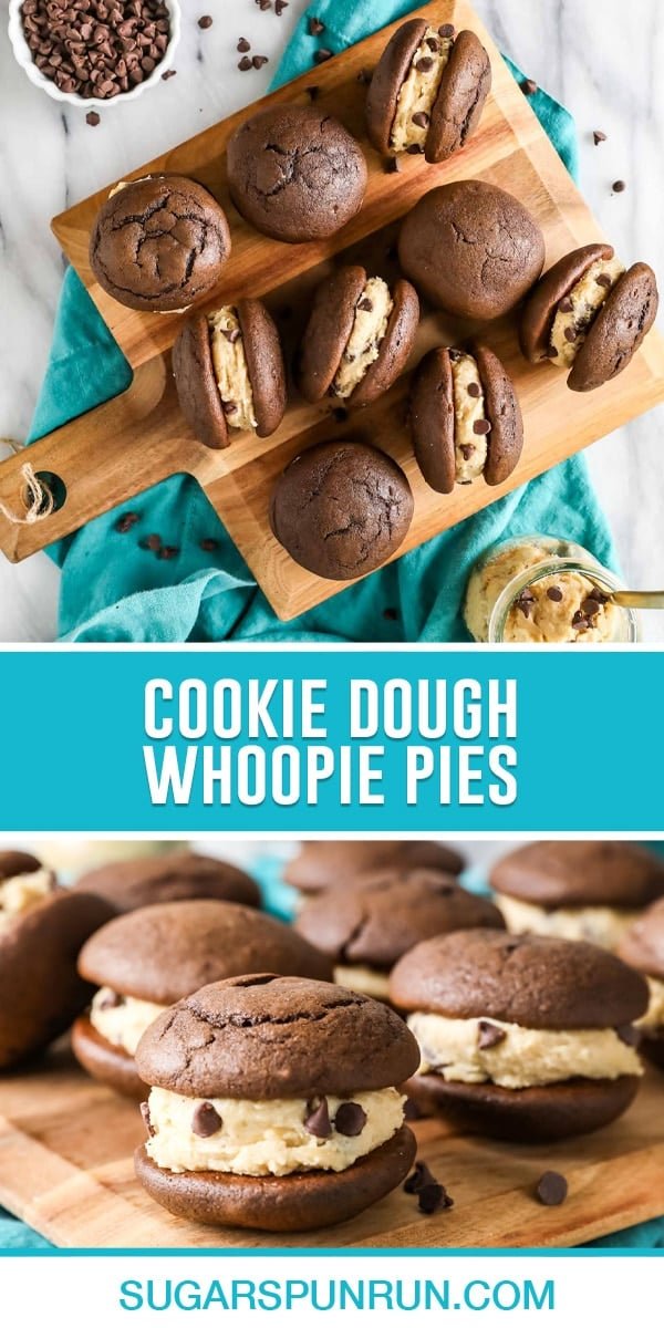 collage of cookie dough whoopie pies, top image of whoopie pies on wood cutting board nicely placed and photographed from above, bottom image of whoopie pies photographed close up