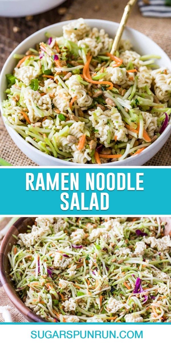 collage of ramen noodle salad, top image of white bowl filled with salad and gold spoon, bottom image of full salad in wood bowl