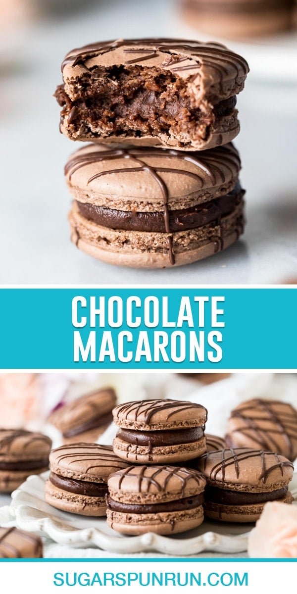 collage of chocolate macrons, top image of two stacked, top one with bite taken out. bottom imagr of multiple macarons nicely placed on white serving tray.