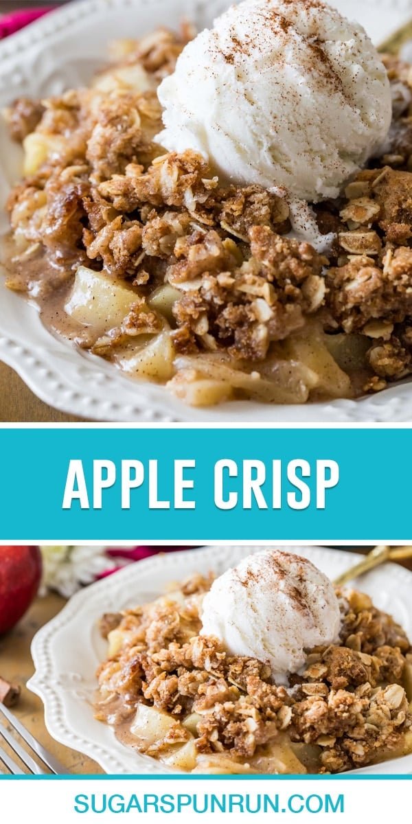 collage of apple crisp, top image is close up image of crisp with ice cream, bottom image is same photographed further away