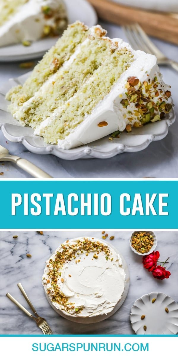 collage of pistachio cake, top image of single slice on white plate, bottom image of full cake photographed from above.