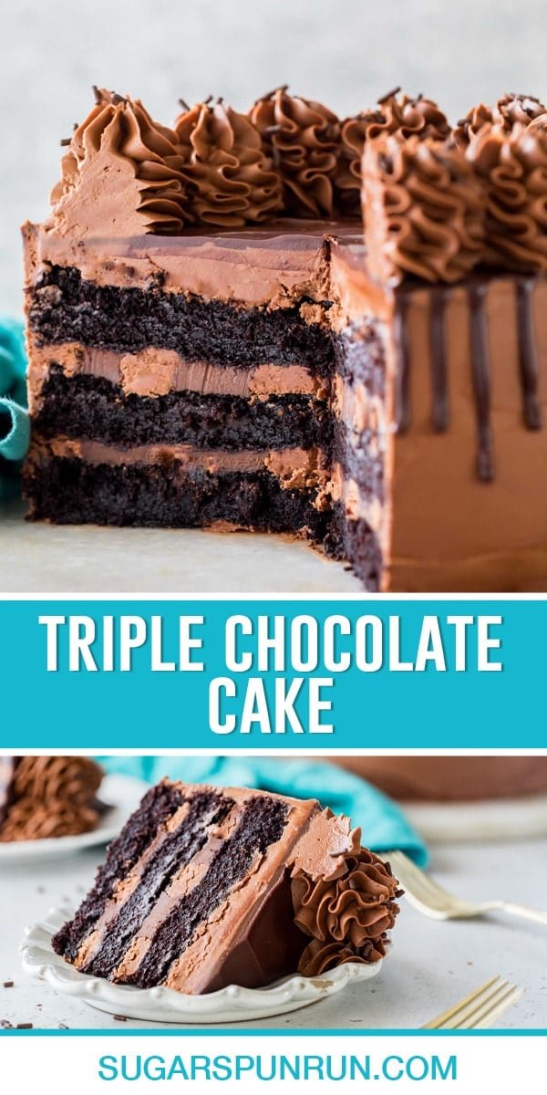 collage triple chocolate cake, top image of full cake cut, bottom image of single slice of cake on white plate