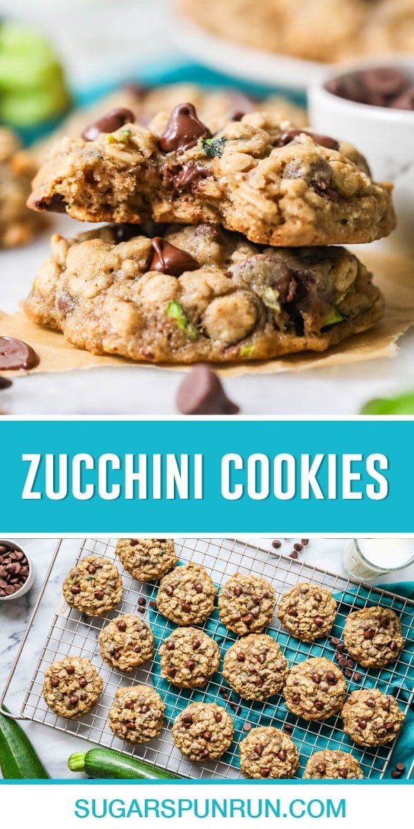 collage of zucchini cookies, top image of two cookies stacked, top with bite taken out. Bottom image of cookies photographed from above on cooling rack.