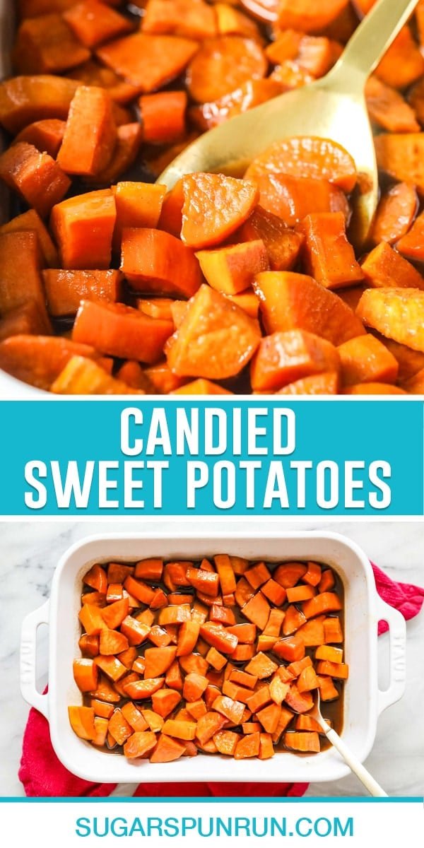 collage of candied sweet potatoes, top image is a close up of potatoes, bottom image is of a casserole dish photographed from above