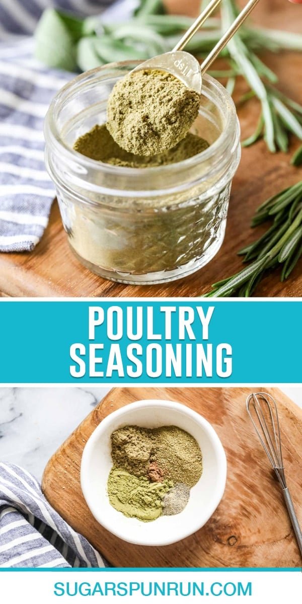 collage of poultry seasoning, top image with measuring spoon full of spice above glass spice jar, bottom image of spices in white bowl before blinding