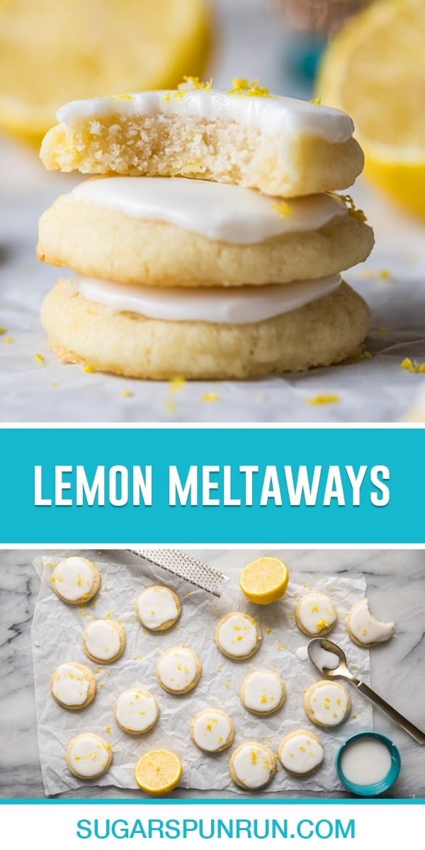 Two image collage of Lemon meltaways, top image of three cookies stacked top one missing a bite, bottom image of cookies iced on parchment paper neatly spead out