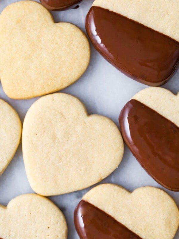 Heart shaped cookies made from a shortbread cookie recipe.