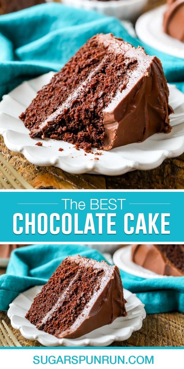 collage of chocolate cake recipe, first image shows cake with bite missing and second shows whole cake slice on white plate