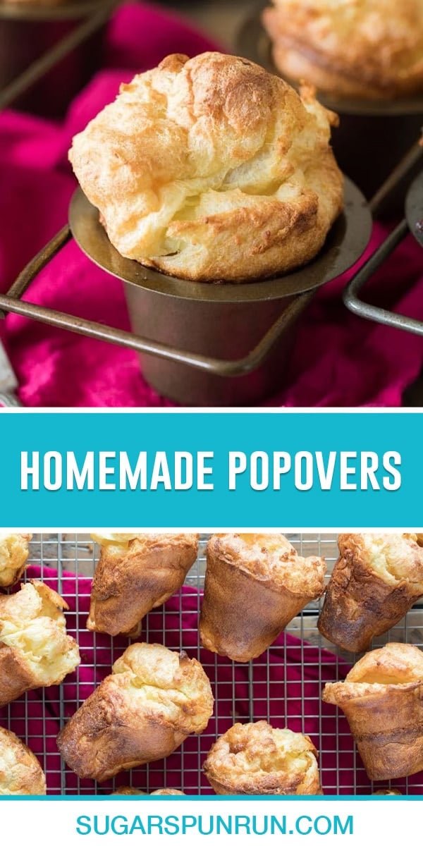 collage of homemade popovers, top image close up of single popper in pan, bottom image of multiple cooling on rack
