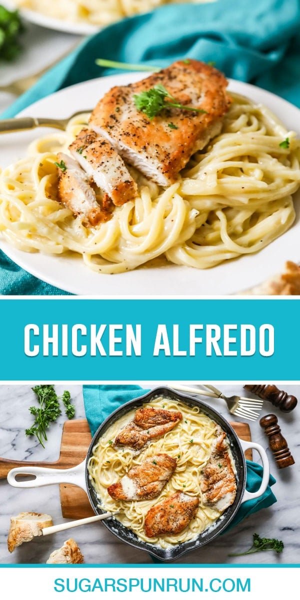 collage of chicken alfredo, top image of Alfredo on white plate, bottom image of Alfredo in skillet photographed from above