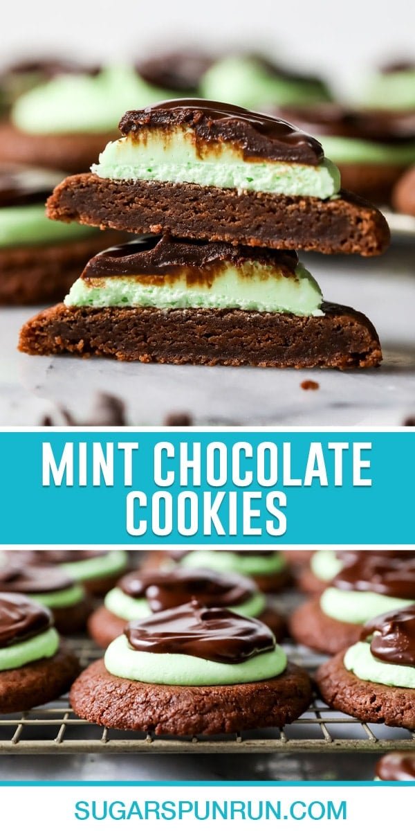 collage of mint chocolate cookies, top image of cookie sliced in half stacked, bottom image close up of cookies on cooling rack