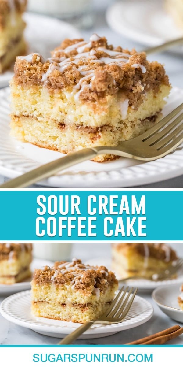 collage of sour cream coffee cake, top image of single slice close up, bottom image photographed further away