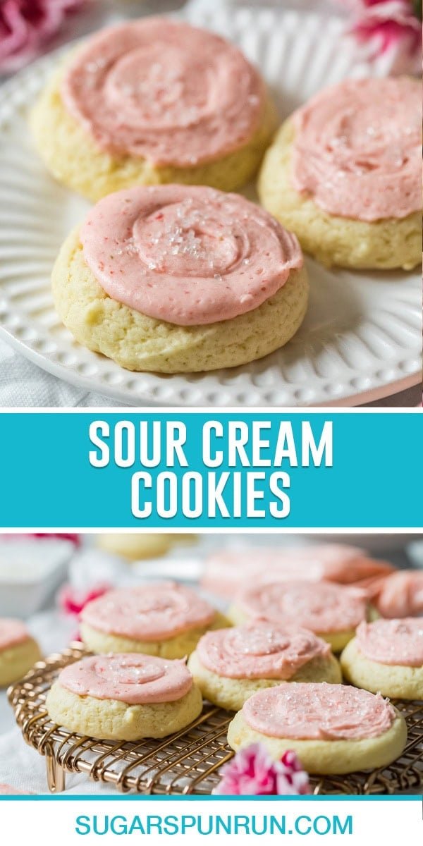 collage of sour cream cookies, first image showing pink-frosted cookies on a plate and second showing them on a cooling rack.