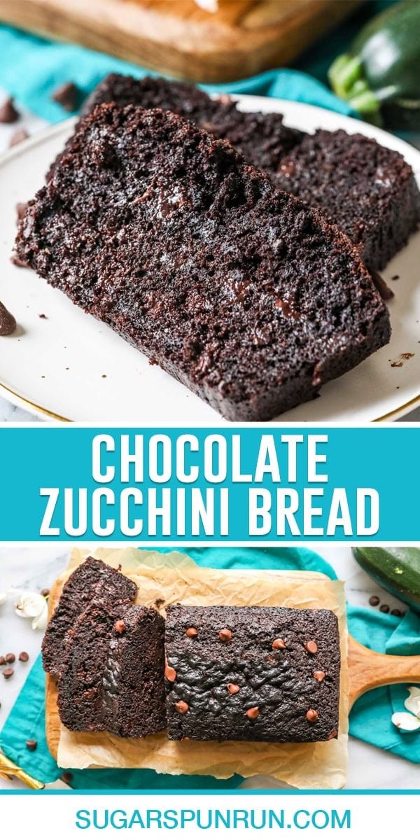 collage of chocolate zucchini bread, top image of two slices on white plate, bottom image of full loaf sliced on wood cutting board