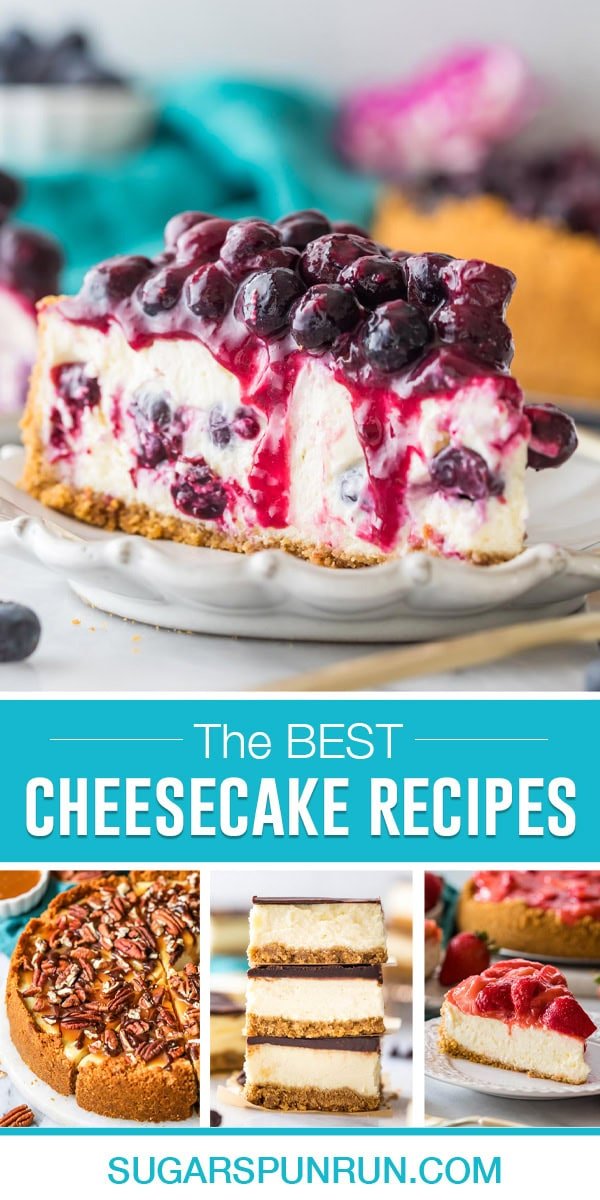 collage of the best cheesecake recipes, turtle, blueberry, cheesecake bars and strawberry