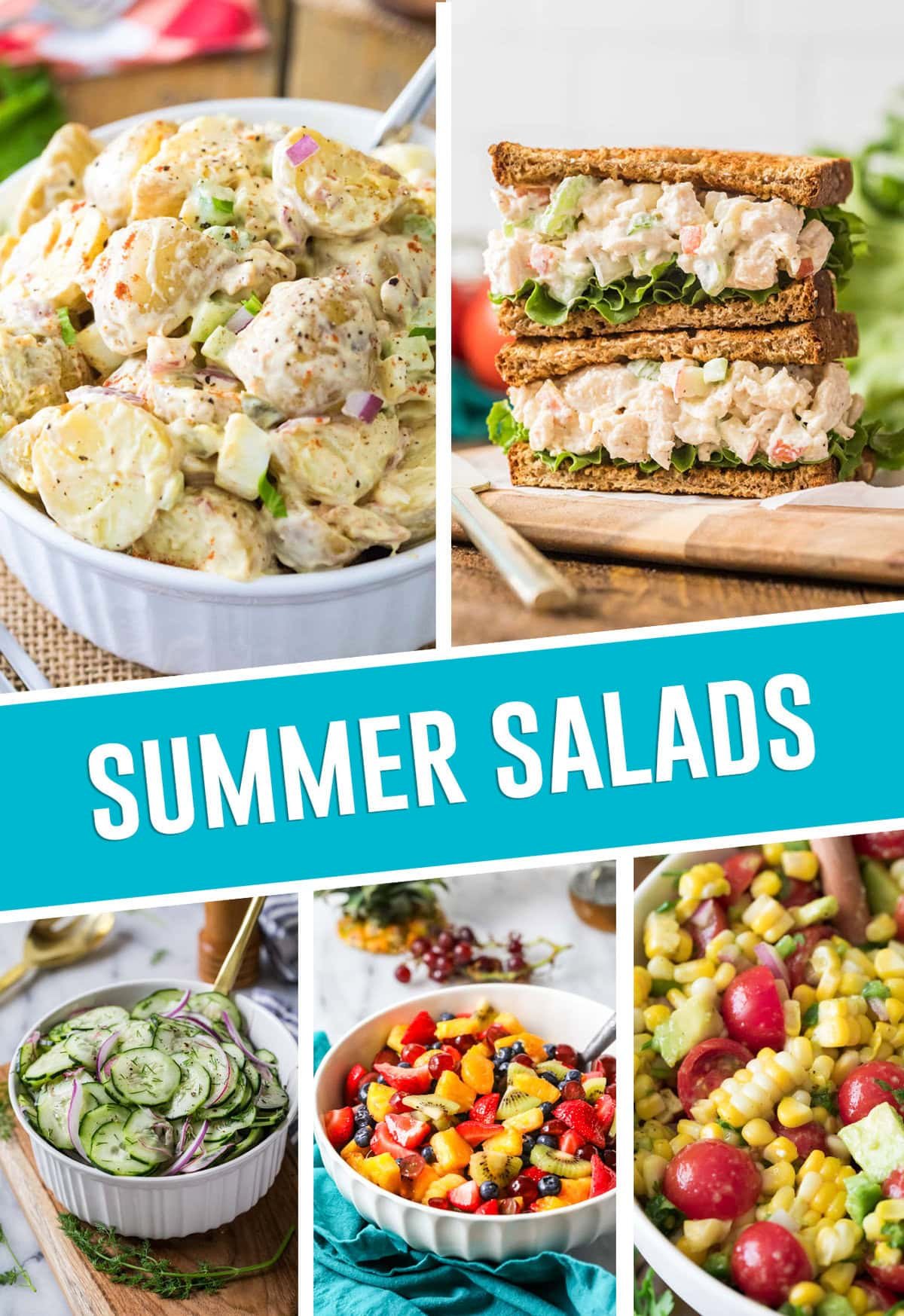 collage of summer salads, chicken salad, cuccumber, fruit, and pasta salad