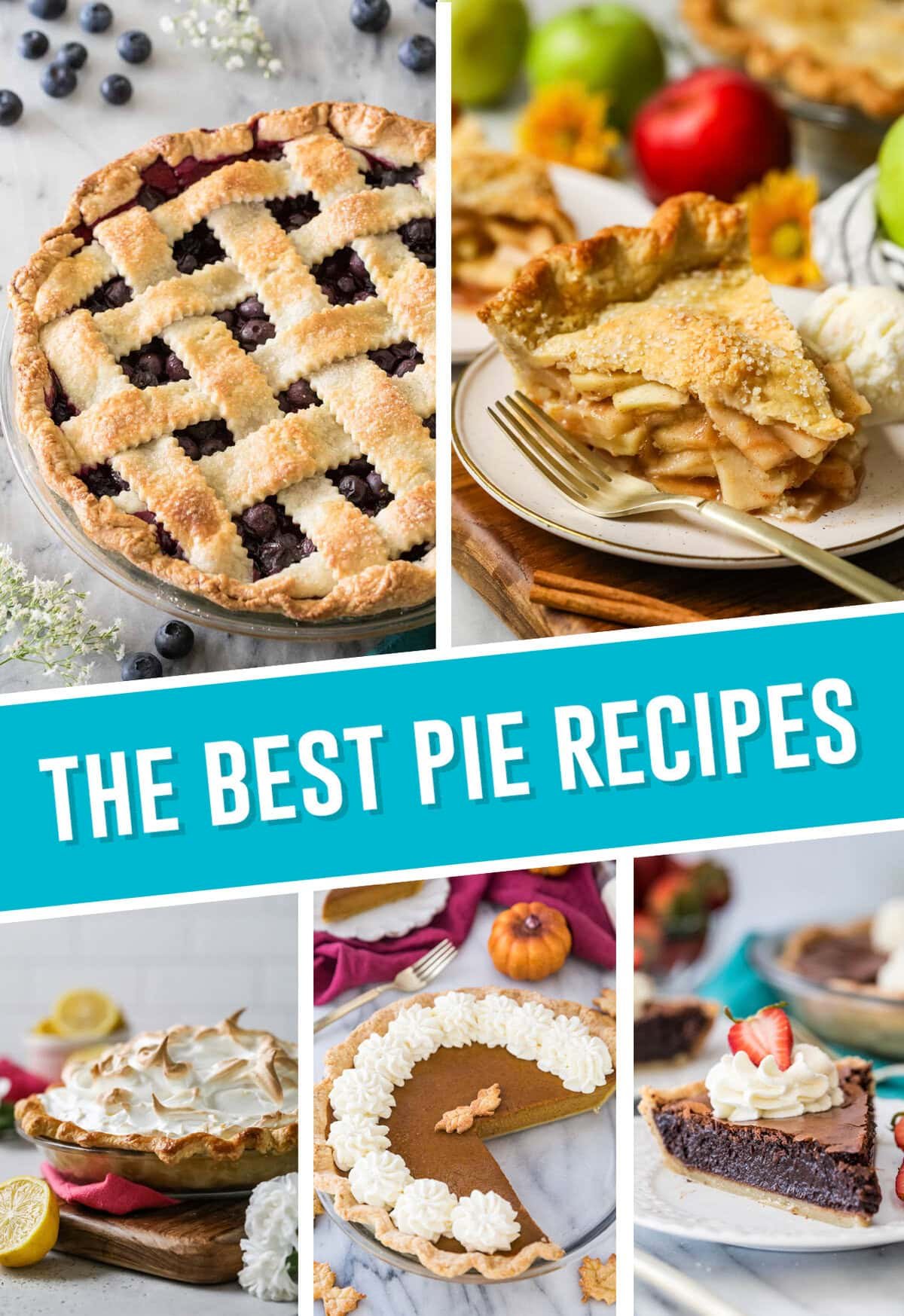 collage of the best pie recipes, collage includes five pie images